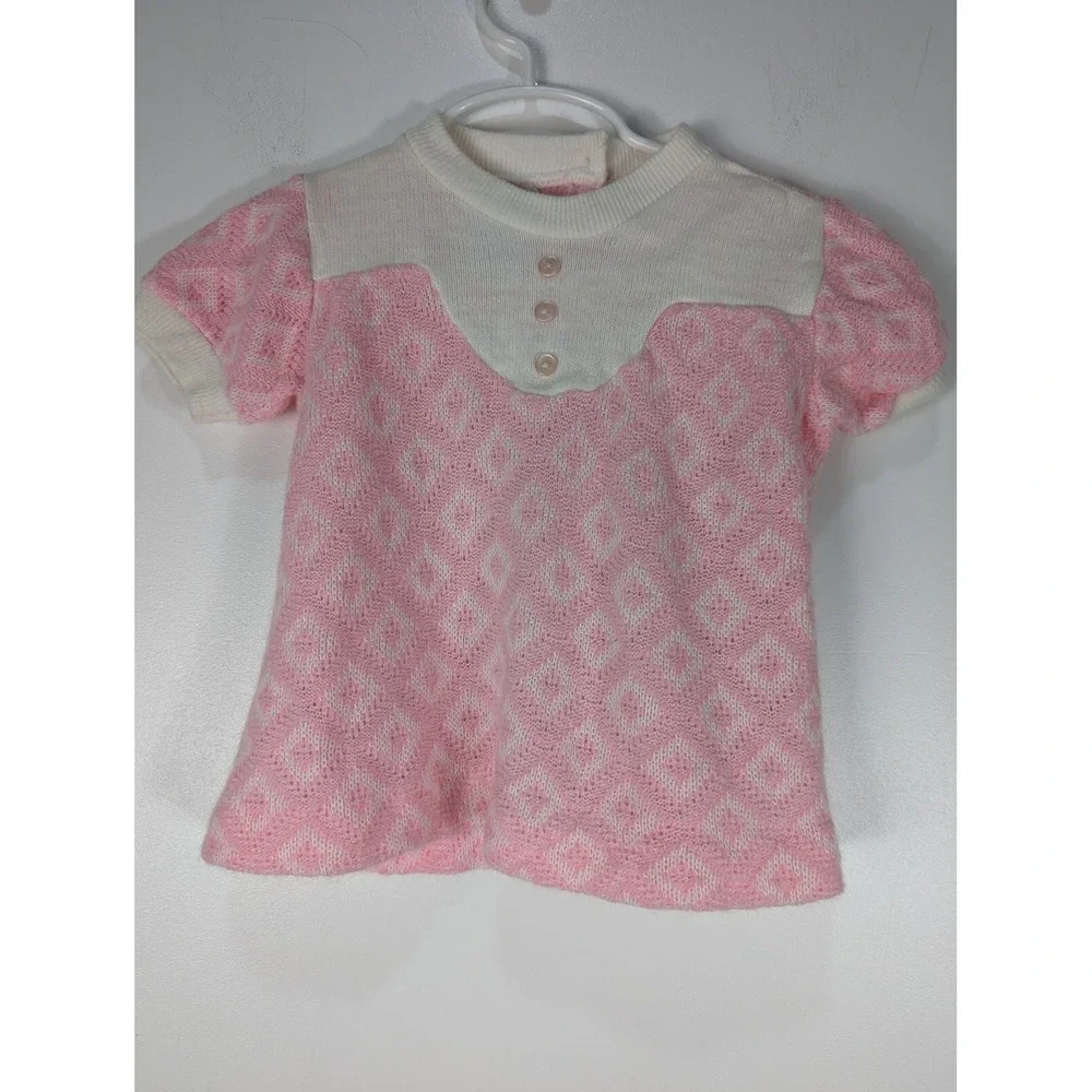 Vintage Cradlecraft Baby Girls Pink White Knit Short Sleeve Sweater 2T 0855